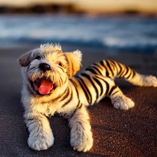 Prompt: a closeup photorealistic photograph of a cute smiling tiger bichon pup laying out at the beach during sunset. professional capture, well lit shot. this 4 k hd image is trending on artstation, featured on behance, well - rendered, extra crisp, features intricate detail, epic composition and the style of unreal engine.