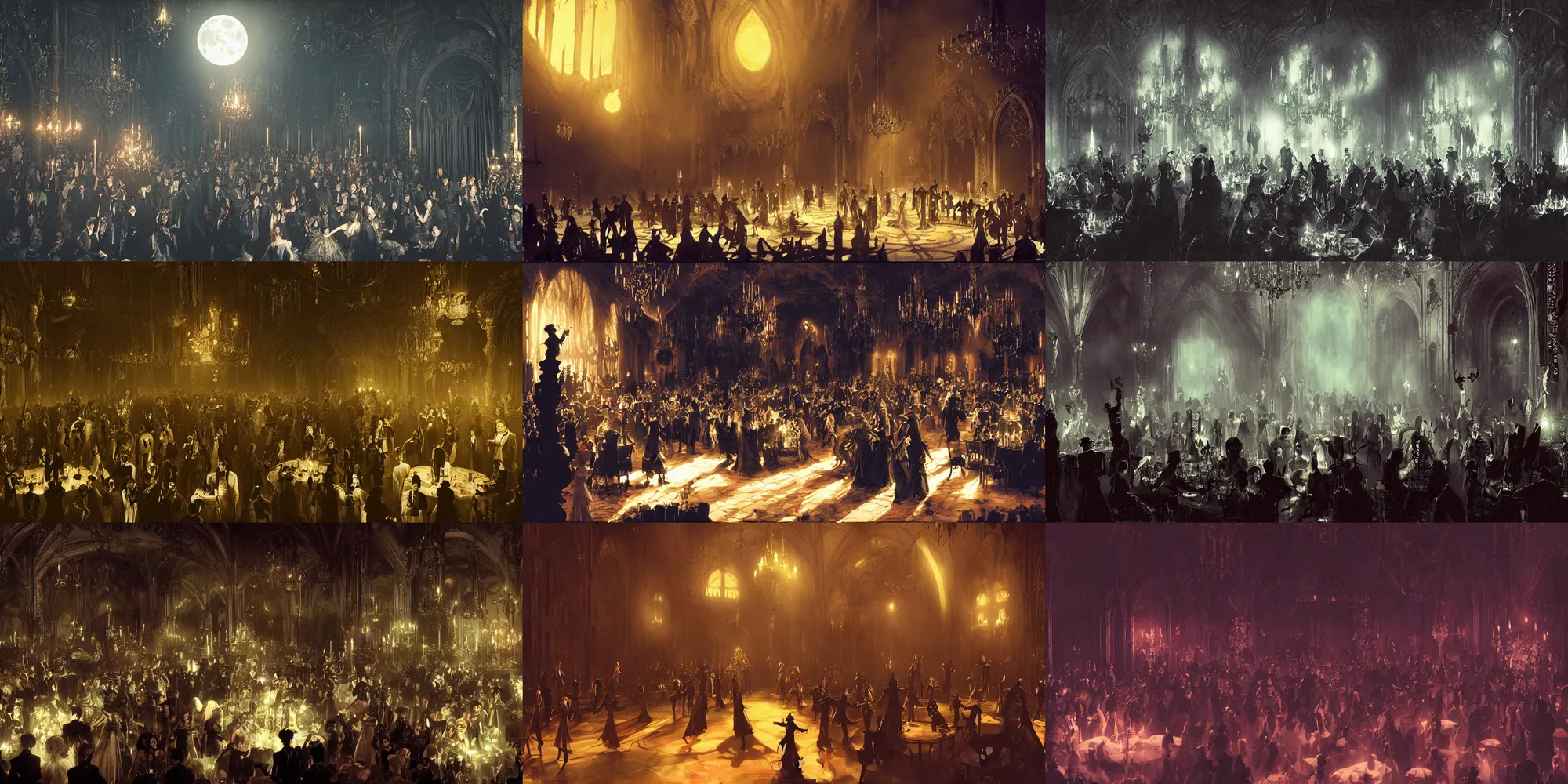 Prompt: vampires partying at a gothic ballroom, victorian gothic, from the animated film by Sony Imageworks, Craig Mullins, Robh Ruppel, Yun Ling, Vaughan Ling, Neil Ross, Peter Chan, dramatic lighting, full moon