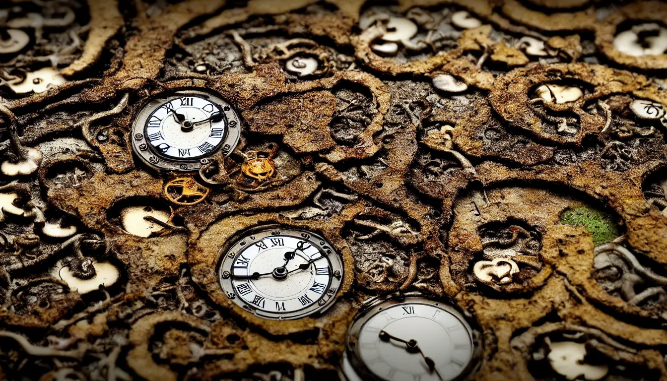 Image similar to detailed view from inside a clockwork watch landscape, wet ink, entangled roots covered in mushrooms, cracked earth, living spore microorganisms, decaying, rusty, hyper realistic photo, full colour, upscale, 8 k