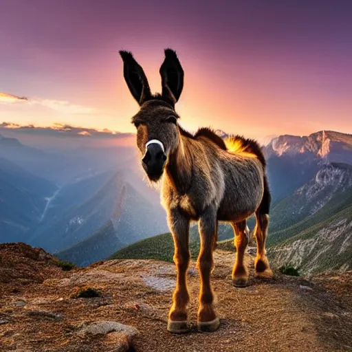 Prompt: an amazing portrait of a donkey on a slim rocky path at the edge of a cliff, rocky mountains in the background, sunset sky photography, award winning cinematic lighting, highly detailed