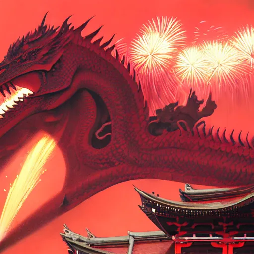 Image similar to Stunning Portrait of A Red dragon flying above a Feudal Japan temple, during a fire works festival at night by Kim Jung Gi, Blizzard Concept Art Studio Ghibli. oil paint. 4k. by brom, Pixiv cute anime girl wearing police gear by Ross Tran, Greg Rutkowski, Mark Arian, soft render, octane, highly detailed painting, artstation