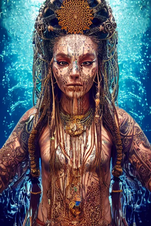 Prompt: a centered render of an mytical festival hippy with tribal tattoos wearing intricate metallic clothing surrounded by a underwater ink pour and flowing liquid gallium and sacred geometry, perfect body and face, gorgeous, cinematic, beautifully lit, by alberto seveso, by zack snyder, by donato giancola, 3 d, trending on artstation, octane render, 8 k