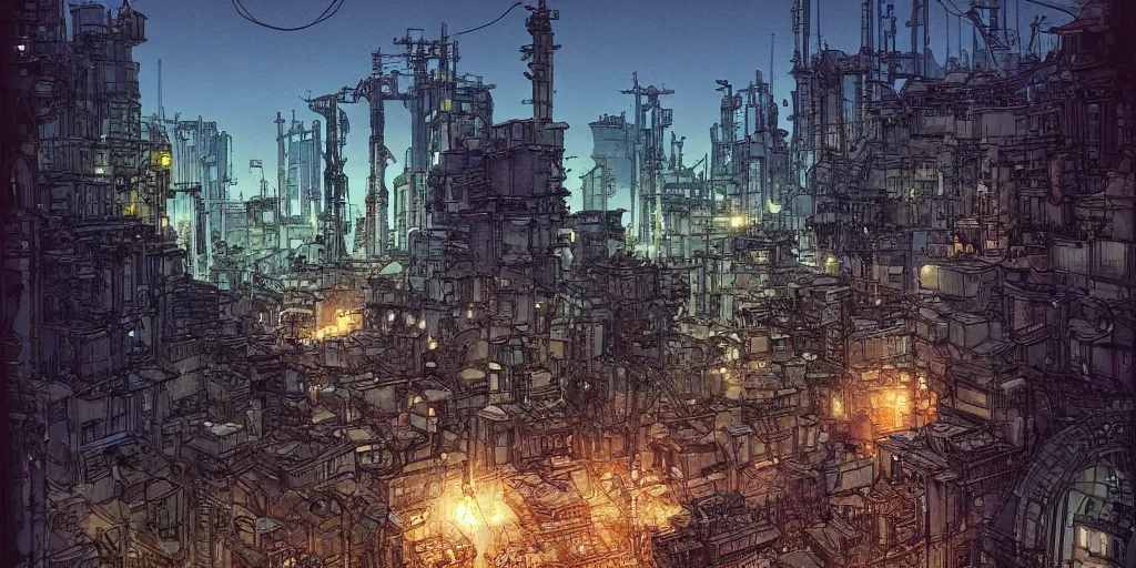 Prompt: ”a diesel punk city vista, Twilight, city lights, reflections, glares, perspective sky, HD, 8k, in the style of Katsuhiro Otomo, Ian mcque”