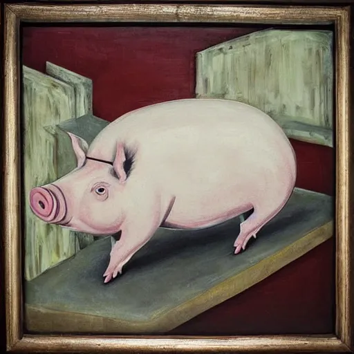 Image similar to “pig paintings and pig sculptures in a pig art gallery, pork, ikebana white flowers, white wax, squashed berries, acrylic and spray paint and oilstick on canvas, by munch and Dali”