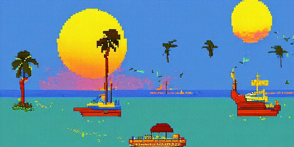 Image similar to a beautiful sunset at the beach, palm trees, a ship in the sea. #pixelart