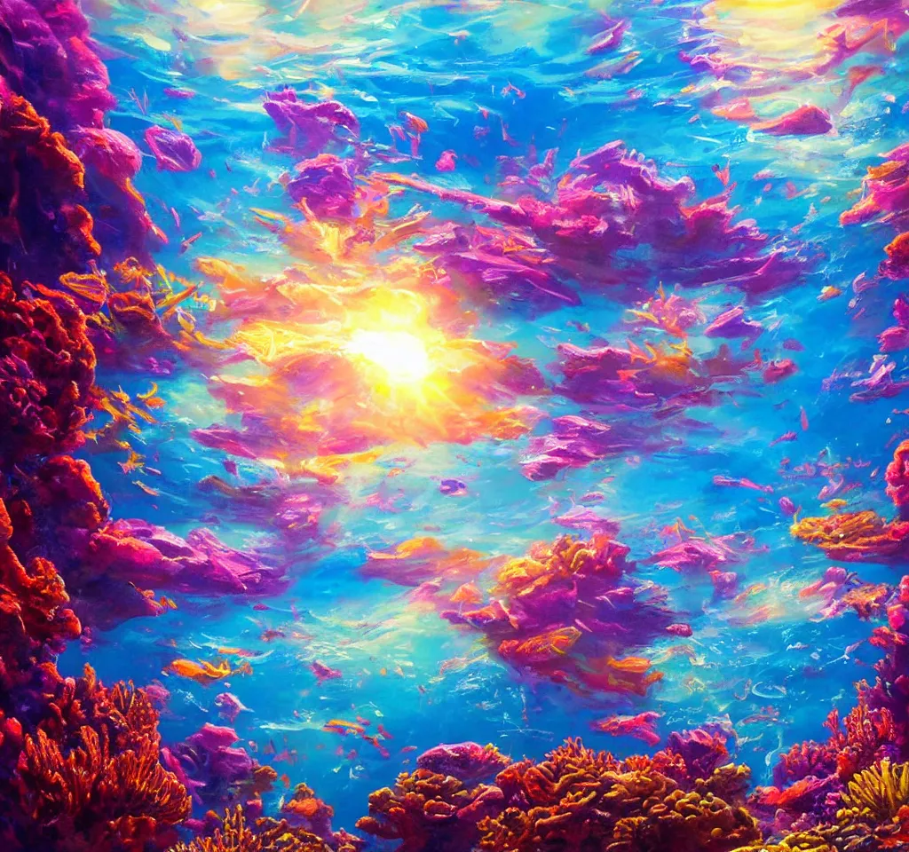 Image similar to underwater neon coral reef landscape magical realism painting with sun rays coming from above, neon pastel colors