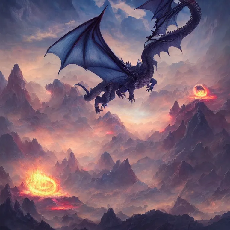 Prompt: huge dragon, fire, floating city on clouds, by wayne barlowe, peter mohrbacher, kelly mckernan, epic scene, 4 k, fantasy, colorful, environment, highly detailed