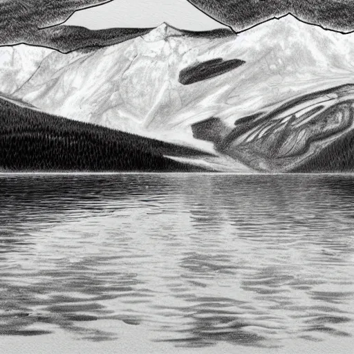 Image similar to a drawing of lago di sorapis, in the style of den yakovlev, black and white, hyper realistic, highly detailed