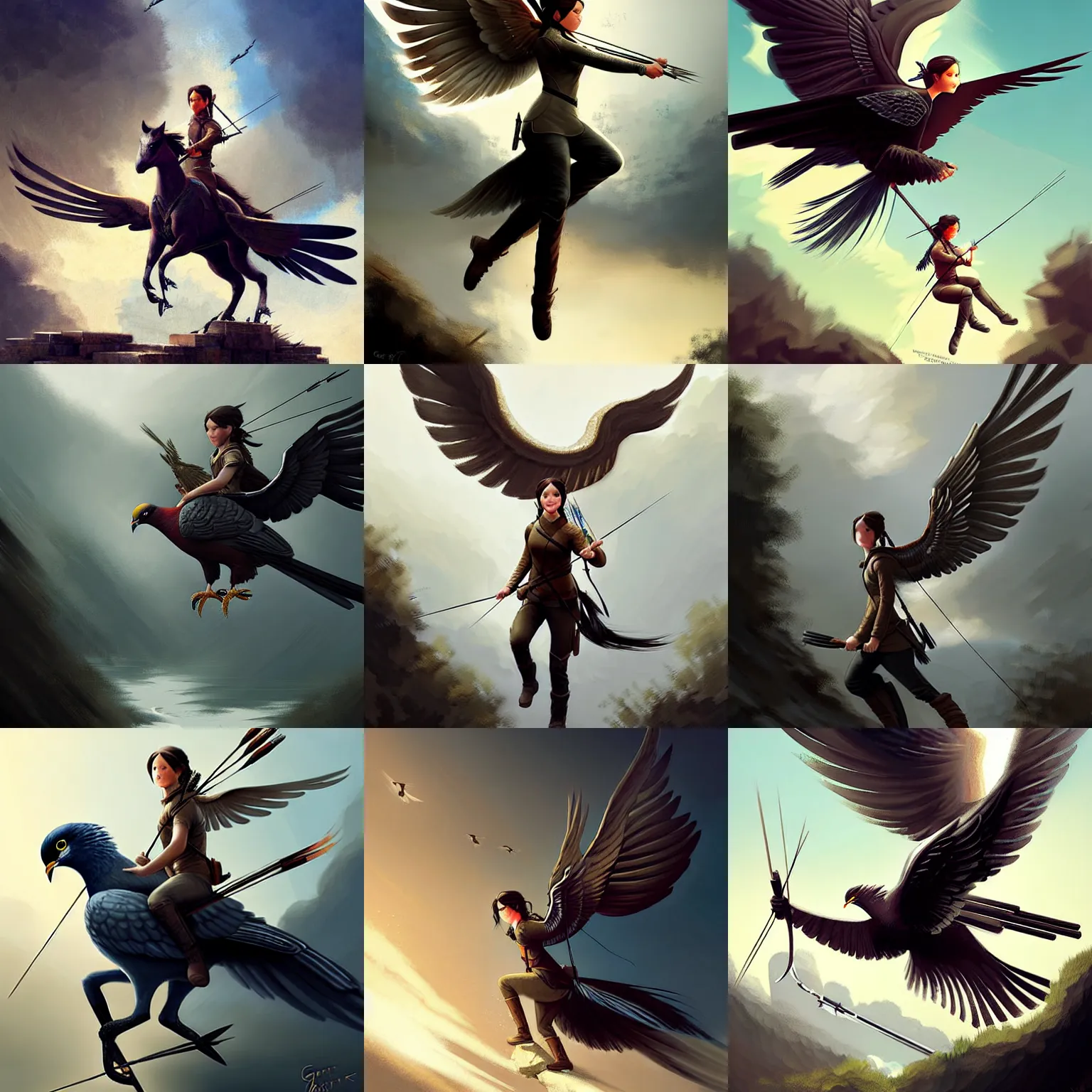 Prompt: katniss everdeen riding on a giant pigeon, digital fantasy art by greg rutkowski