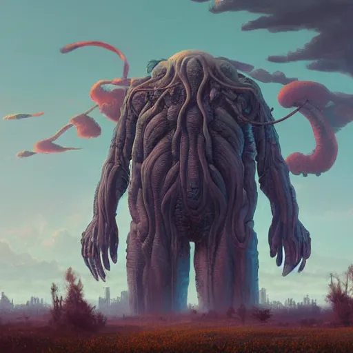 Image similar to a digital painting of a gigantic big enormous humanoid monster standing in the sky, concept art by simon stalenhag and peter mohrbacher cgsociety, vanitas, ominous, lovecraftian, speedpainting, apocalypse art. mist. hyper - realistic. photo realistic. octane render. intricate detailed masterpiece. extreme wide shot. realistic shaded dynamic lighting