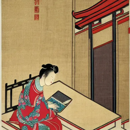Prompt: oriental painting of a lady programming on a laptop in the song dynasty