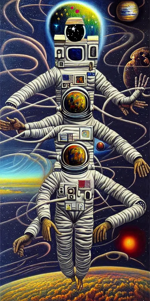 Prompt: a high detailed painting with many textures and of a headless astronaut with a quantum transcendence to the next plane, surrealism, magical realism bizarre art high image quality