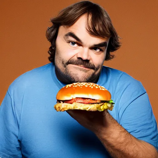 Prompt: Jack Black holding a hamburger, studio, split lighting, funny