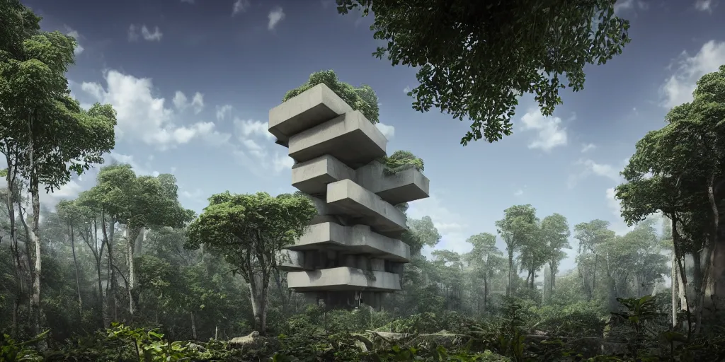 Image similar to lusciously grown forest based on the brutalist architecture of ricardo bofill in an urban megacity, sci - fi, light blue sky with clouds, dramatic matte painting, style by thomas cole, 8 k, octane render, photorealistic, hyperrealism