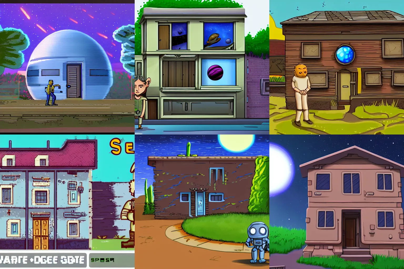 Prompt: in front of a house that is part of a small colony on a strange planet, from a space themed Serria point and click 2D graphic adventure game, high quality graphics