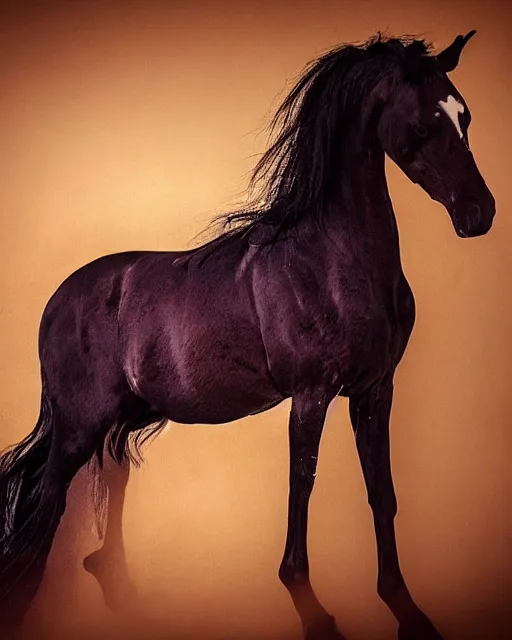 Prompt: photo of a demonic horse, with an emaciated skinny human body. it has albino skin, long shiny black hair and red glowing eyes, it is wearing a long black silk nightgown, moody, foggy and atmospheric, golden hour, soft focus, horror