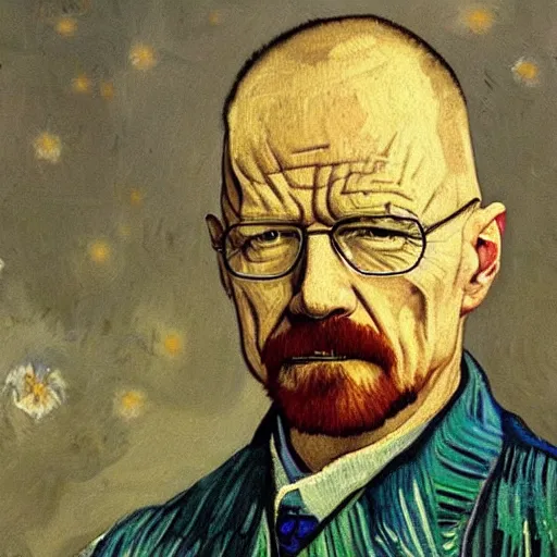 Image similar to walter white painted by van gogh, oil painting, intricate, stylized, painting