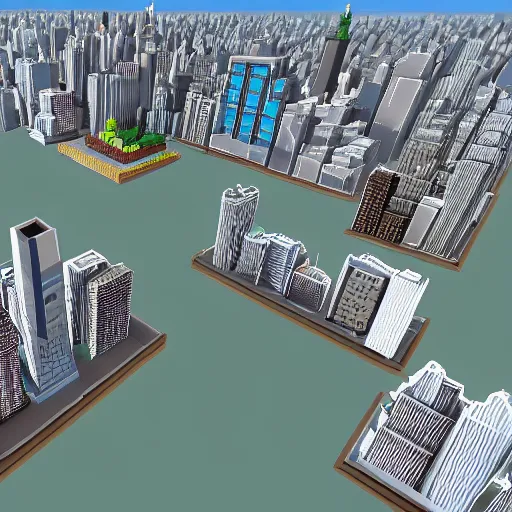 Image similar to new york city skyline built in minecraft, isometric view , voxel art