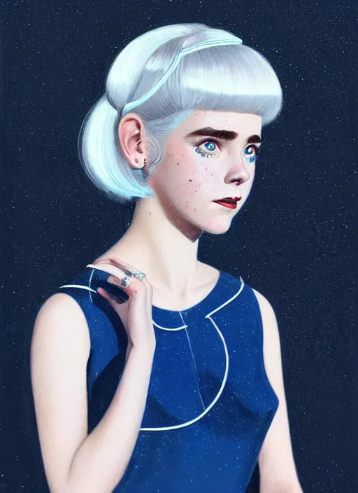 Image similar to portrait of kiernan shipka with freckles, white hair, big 1 9 6 0 s bob hairstyle with bangs and hairband, blue 1 9 6 0 s dress, intricate, elegant, glowing lights, highly detailed, digital painting, artstation, concept art, smooth, sharp focus, illustration, art by wlop, mars ravelo and greg rutkowski