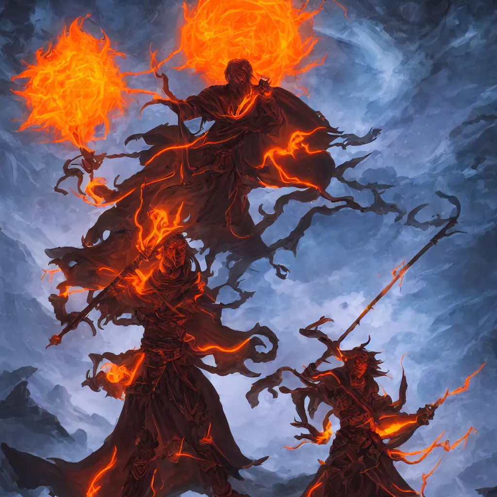 Prompt: dungeons and dragons official art, portrait of a male fire genasi wizard with pitch black skin, bright orange hair, glowing orange eyes, wearing black wizard robes, and holding a wooden staff, smoky barren landscape on the background, official print, character art