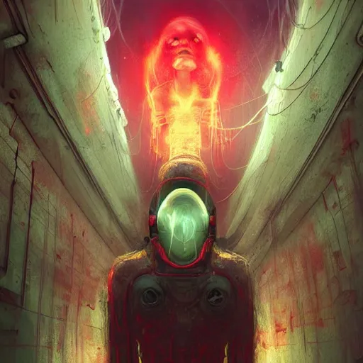 Image similar to humanoid yellow electric ghostly transparent lightning elemental wearing red and blue sci-fi goggles, haunted spaceship hallway, sci-fi artwork, horror, 8k, concept art, dramatic pose, art by artgerm and concept art by pete mohrbacher and seb mckinnon and beksinski and josan gonzales, close shot, trending on artstation, creepy atmosphere, highly detailed, intricate, digital art