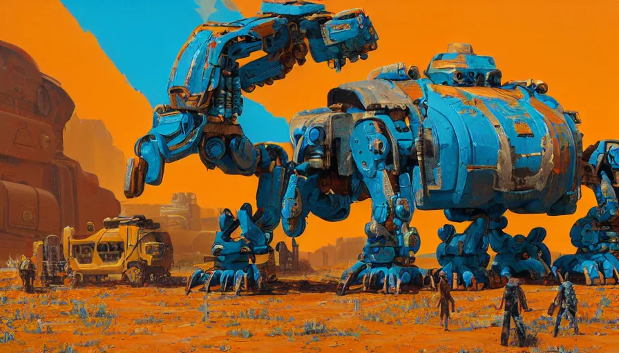 Prompt: an intricate oil painting of a giant south african armored cheetah shaped scrap metal mecha by simon stalenhag, yellow, orange and cyan paint decals