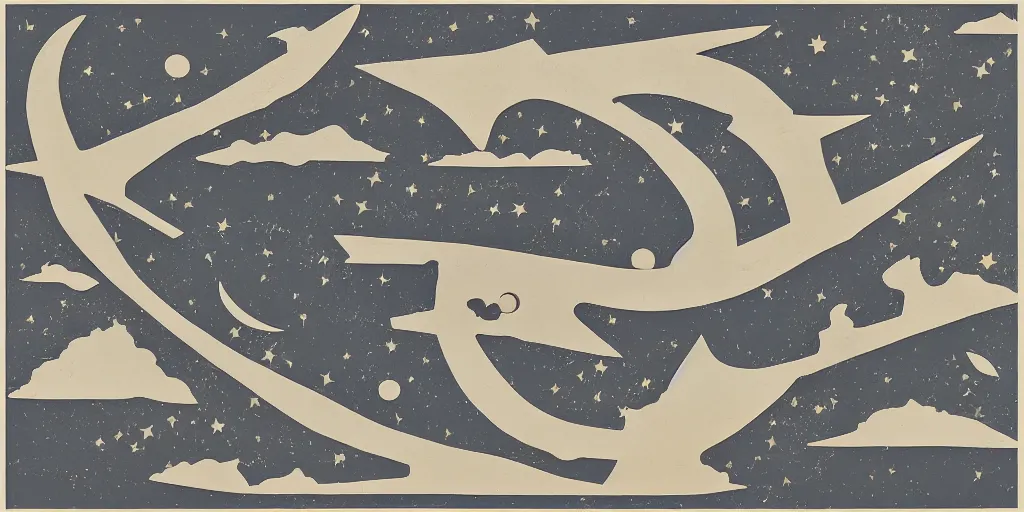 Prompt: A collage of a river reaching to the moon, mid-century modern, made of random shapes cut from magazines