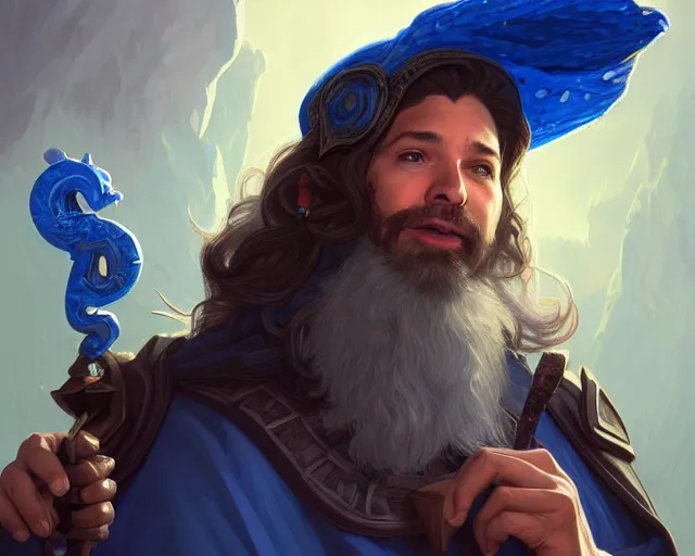 Image similar to alexis ohanian as a wizard, blue wizard hat, deep focus, d & d, fantasy, intricate, elegant, highly detailed, digital painting, artstation, concept art, matte, sharp, illustration, hearthstone, art by artgerm and greg rutkowski and alphonse mucha