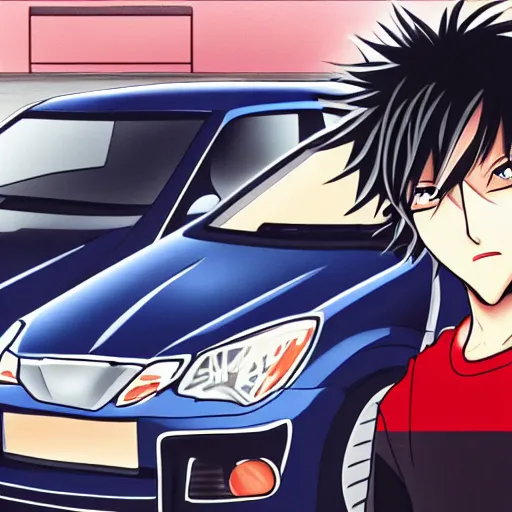 Prompt: closeup of a high definition anime guy with short dark blue hair and black streetwear clothing riding a dark red colored Hyundai Accent 1996 model with armenia quindio in the background, Initial D style, pixiv, 8k, official media, wallpaper, hd