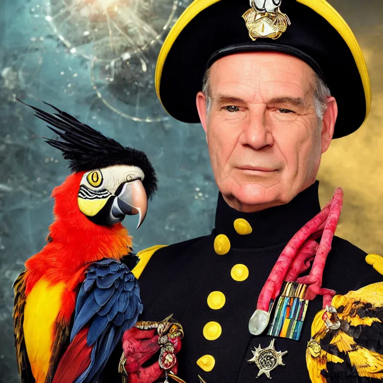 Image similar to close - up octane render portrait by wayne barlow and carlo crivelli and glenn fabry, an extremely elegant bold stern well - dressed admiral in a very powerful uniform, holding a colorful parrot, inside a colorful highly - themed nautical bar, very short depth of field, bokeh