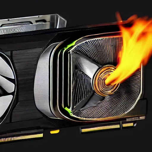 Image similar to NVIDIA graphics cards in fire, hyper-realistic, 8K HDR