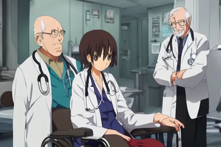 Image similar to a cute young female doctor wearing white coat are serving an old man in a wheelchair in a hospital, slice of life anime, lighting, anime scenery by Makoto shinkai