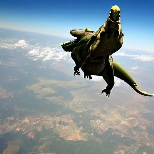 Image similar to corpulent t - rex skydiving