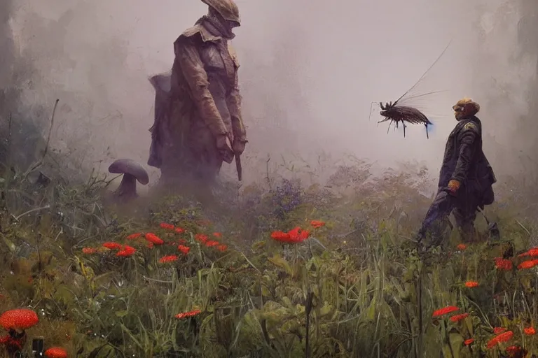 Prompt: surreal painting by craig mullins and greg rutkowski and enki bilal, garden wild flowers + poison mushrooms + long grass + garden dwarfs repairing giant mosquito + mystic fog, 6 0's vintage sci - fi style, rule of third!!!!, cinematic