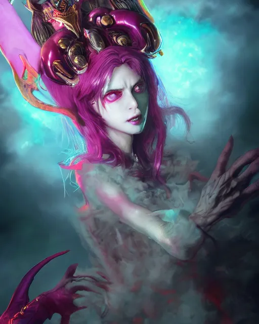 Image similar to satan daughter, beautiful, fantasy, colorful, cinematic lighting, artstation, trending, highly detailed, focus, smooth, by hirohiko araki and yoshitaka amano