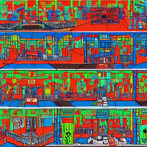 Image similar to a chinese prison, in the style of daniel johnston and outsider art, 8 k, line brush, minimal, brightly coloured, flat blocks of color, overlaid with chinese adverts