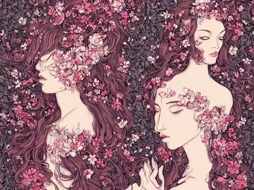 Prompt: beautiful girl digital art james jean long hair with flowers baroque