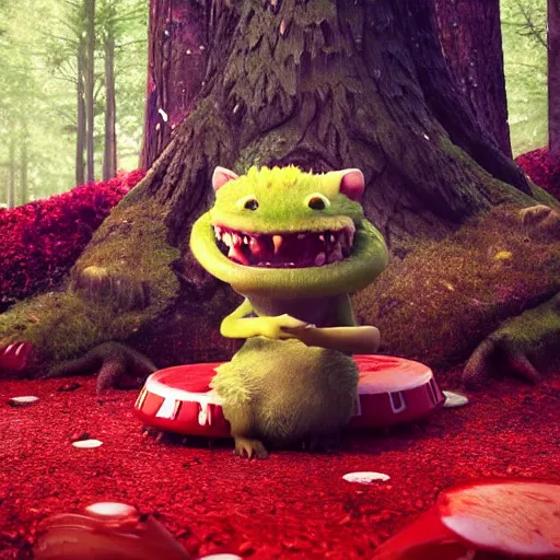 Prompt: beautiful cinematography of a cute fury monster eating lunch sitting on a red mushroom in a fantasy forest with living trees, in the style of a Pixar movie, wide shot, sharp and detailed, Octane render, raytracing, volumetric lighting