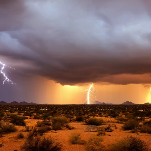 Prompt: photograph of Sonoran desert monsoon storm with lightening. 4k, desktop wallpaper