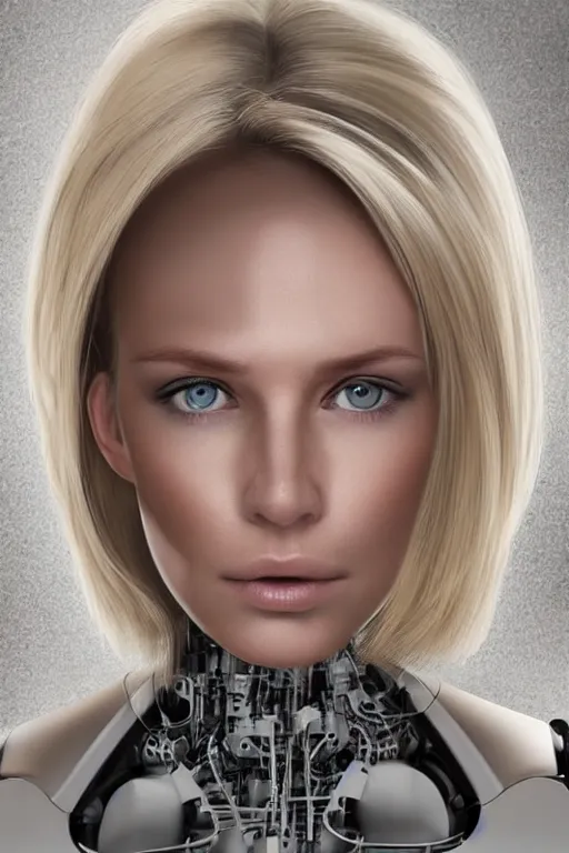 Image similar to robot with human face, female head, full body angle, woman human face, human face realistic, beautiful blonde hair, human head, human head with blonde hair, blonde hair human head, blonde hair, human realistic face, human head skin, cyborg frame concept, cyborg by ales-kotnik, sci-fi android female, the body is made of wires, robotic body, cyborg body, cyborg bust body, robot body cyborg, full body