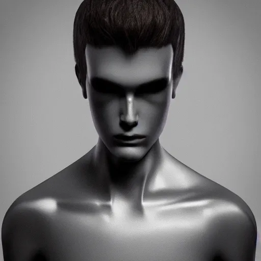 Image similar to “a realistic detailed photo of a guy who is an attractive humanoid who is half robot and half humanoid, who is a male android, twitch streamer Ludwig, shiny skin, posing like a statue, blank stare”