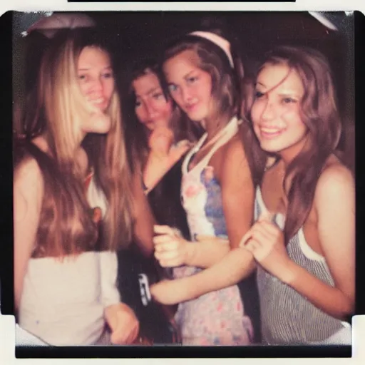 Image similar to faded polaroid photo of beautiful sorority girls at a wild college party, selfie polaroid