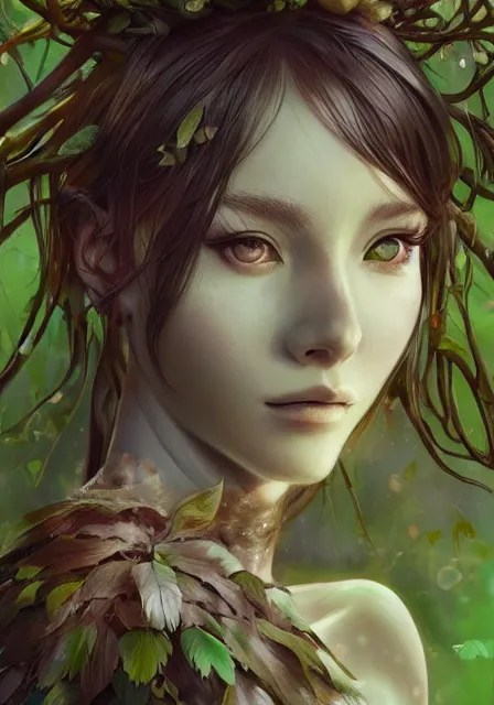 Image similar to A realistic anime portrait of a beautiful dryad with glowing green eyes and tree bark skin wearing clothes made of leaves, from Skyrim, digital painting, by Stanley Artgerm Lau, Sakimichan, WLOP and Rossdraws, digtial painting, trending on ArtStation, SFW version