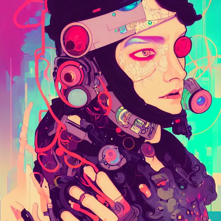 Prompt: a beautiful painting of a cyberpunk blindfolded girl by sachin teng and pascal blanche! and alphonse mucha and josan gonzalez!. in style of conceptual art. colorful comic, film noirs, brush stroke, vibrating colors, hyper detailed. octane render. trending on artstation