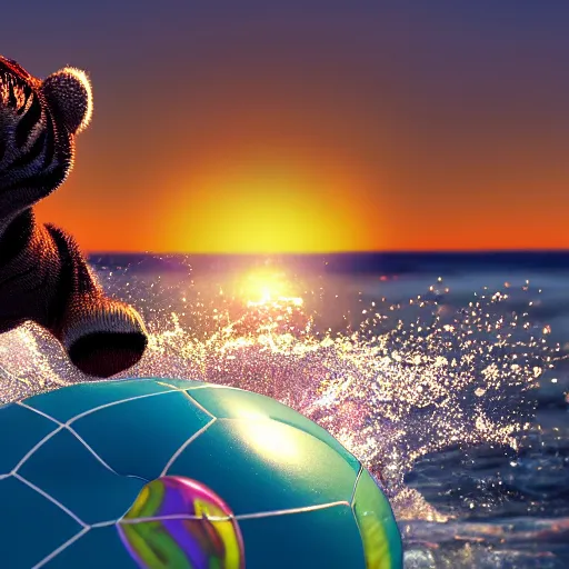 Image similar to a closeup photorealistic photograph of a cute smiling knitted tiger hippopotamus chasing a beachball at sunset. surf in the background. professional capture. this 4 k hd image is trending on artstation, featured on behance, well - rendered, extra crisp, features intricate detail, epic composition and the style of unreal engine.