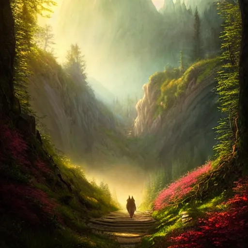 Image similar to beautiful matte painting of archway fantasy path into the mountainous sloping meadow and slightly forested background, atmospheric lighting, painted, intricate, volumetric lighting, beautiful, rich deep colors masterpiece, sharp focus, ultra detailed by leesha hannigan, ross tran, thierry doizon, kai carpenter, ignacio fernandez rios