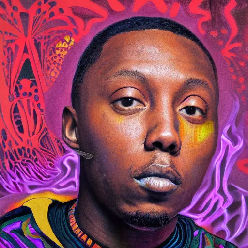 Prompt: dizzee rascal, intricate trippy oil painting