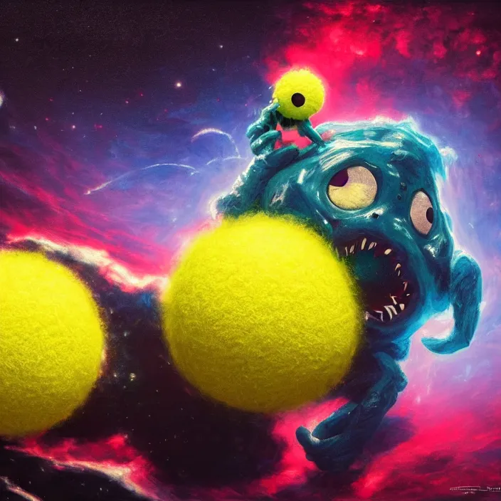 Prompt: cinematic portrait of a cute tennis ball monster in the abyss of space, chalk, masterpiece, trending on artstation, featured on pixiv, cinematic composition, dramatic pose, beautiful lighting, sharp details, hyper-detailed, HD, HDR, 4K, 8K, art by Basil Gogos