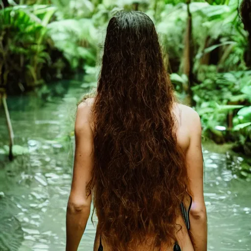 Prompt: beautiful female model, symmetric photo, back view, walking into a cenote in a lush jungle, vintage photograph, long wavy brunette hair, faded, artistic composition, award winning artistic photograph