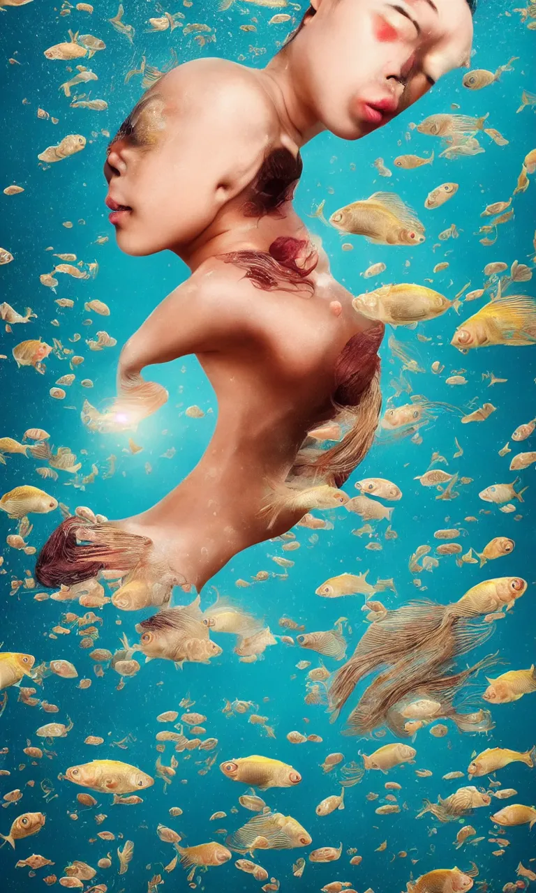 Prompt: surrealist head fish Chinese woman body surrealistic, half fish half Chinese woman , fish head, diving in the air rounded by jelly clouds made by national geographic underwater photographer 4k, 8k,